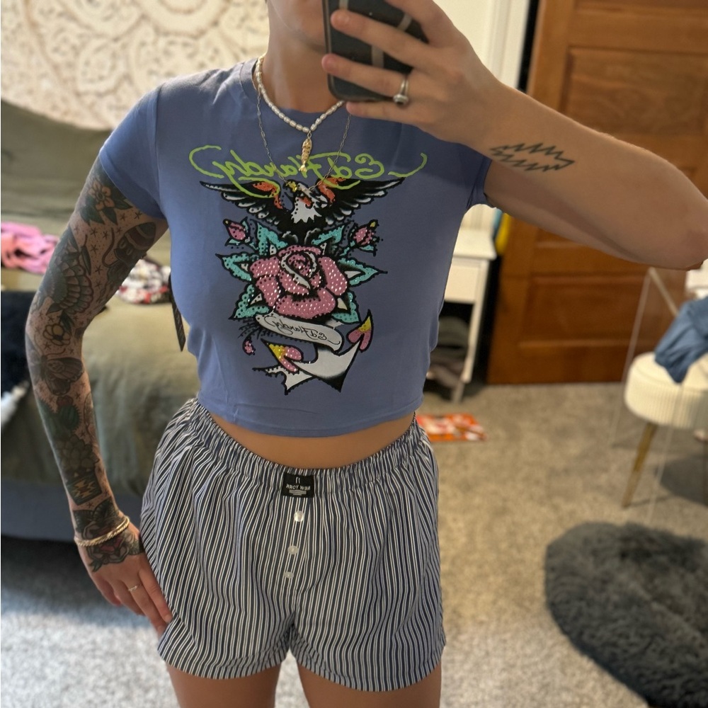 Bedazzled Ed Hardy purple baby crop tee NWT